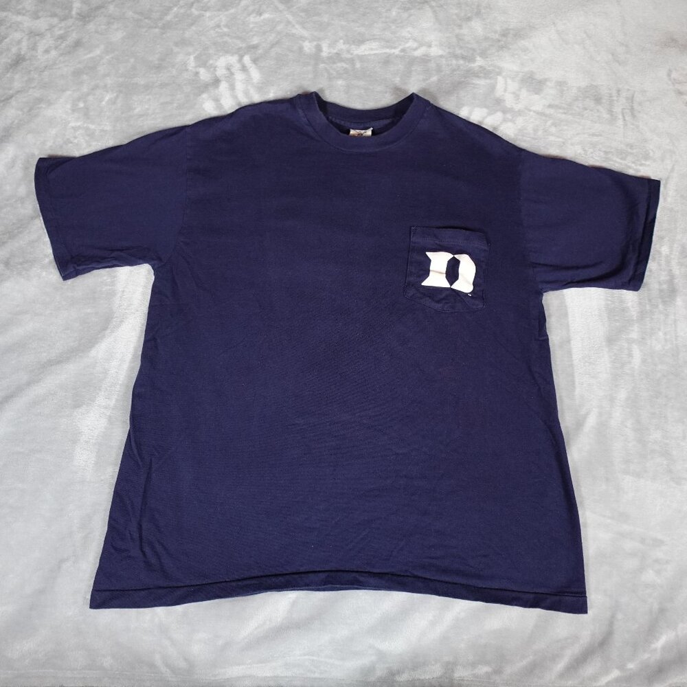 Vintage Duke University Pocket T Shirt Mens XL Slim Fit Made In USA Navy Blue